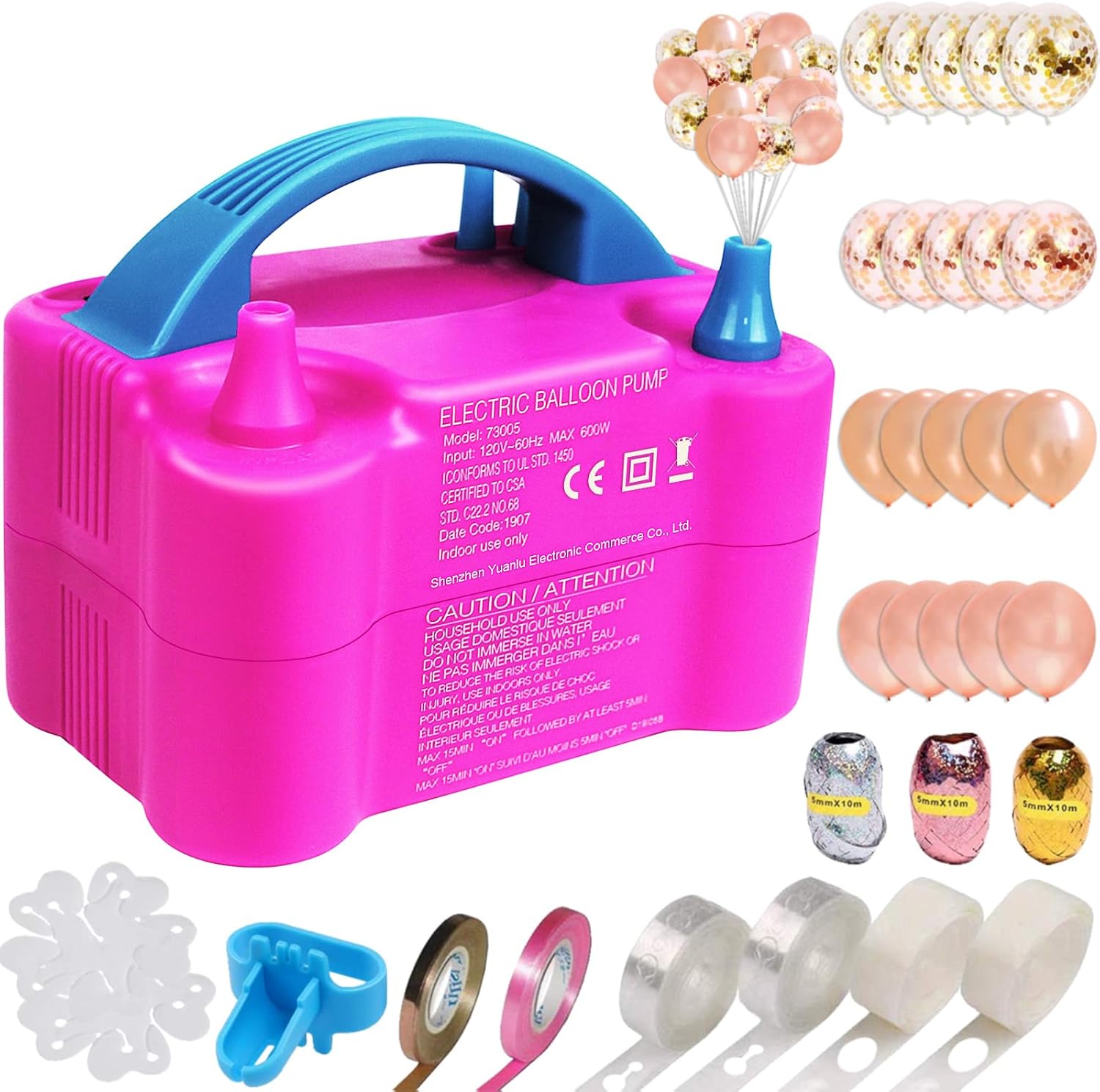 Electric Balloon Pump, Portable Dual Nozzle Blower Pump Inflator, Balloon Air Pump with Balloons, Tying Tool, Flower Clips, Tape Strip, Colored Ribbon,Dot Glues for Party Decoration FLSEPAMB 110V 600W