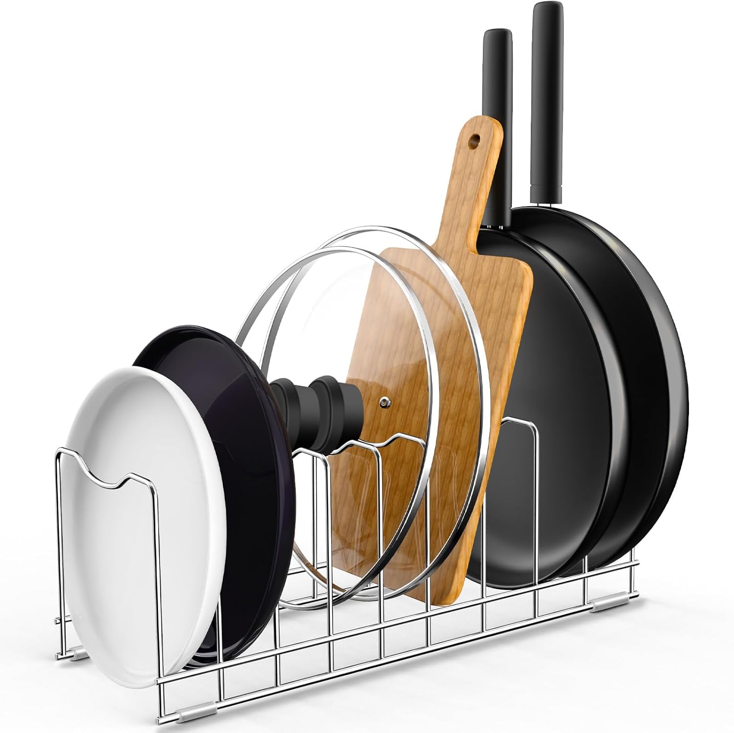 FLSEPAMB 1 Pack Lid Organizer Pot Lid Organizer 10-Tier Pot Lid Rack Holder Suitable for Bakeware Dish Plate, Cutting Boards, Pots &amp; Pans, Serving Trays, Reusable Containers in Cabinet Pantry