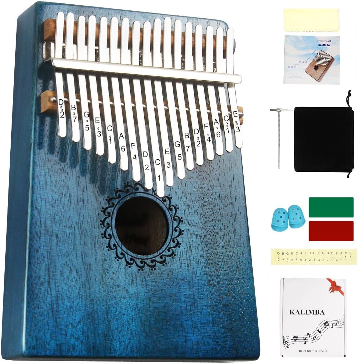 FLSEPAMB Kalimba 17 Key Thumb Piano with Mahogany Wood Portable Mbira Finger Piano Gifts for Kids and Piano Beginners Professional (Blue)